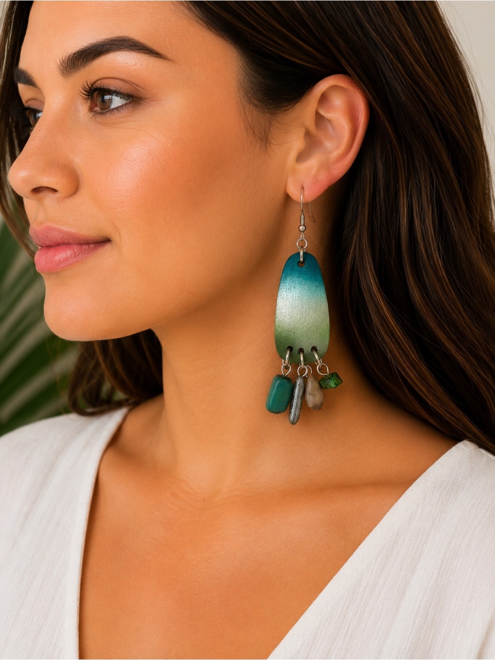 Oceana Trading Green Ombre Dangle Earrings‎ Beaded Statement Boho Coastal NWT